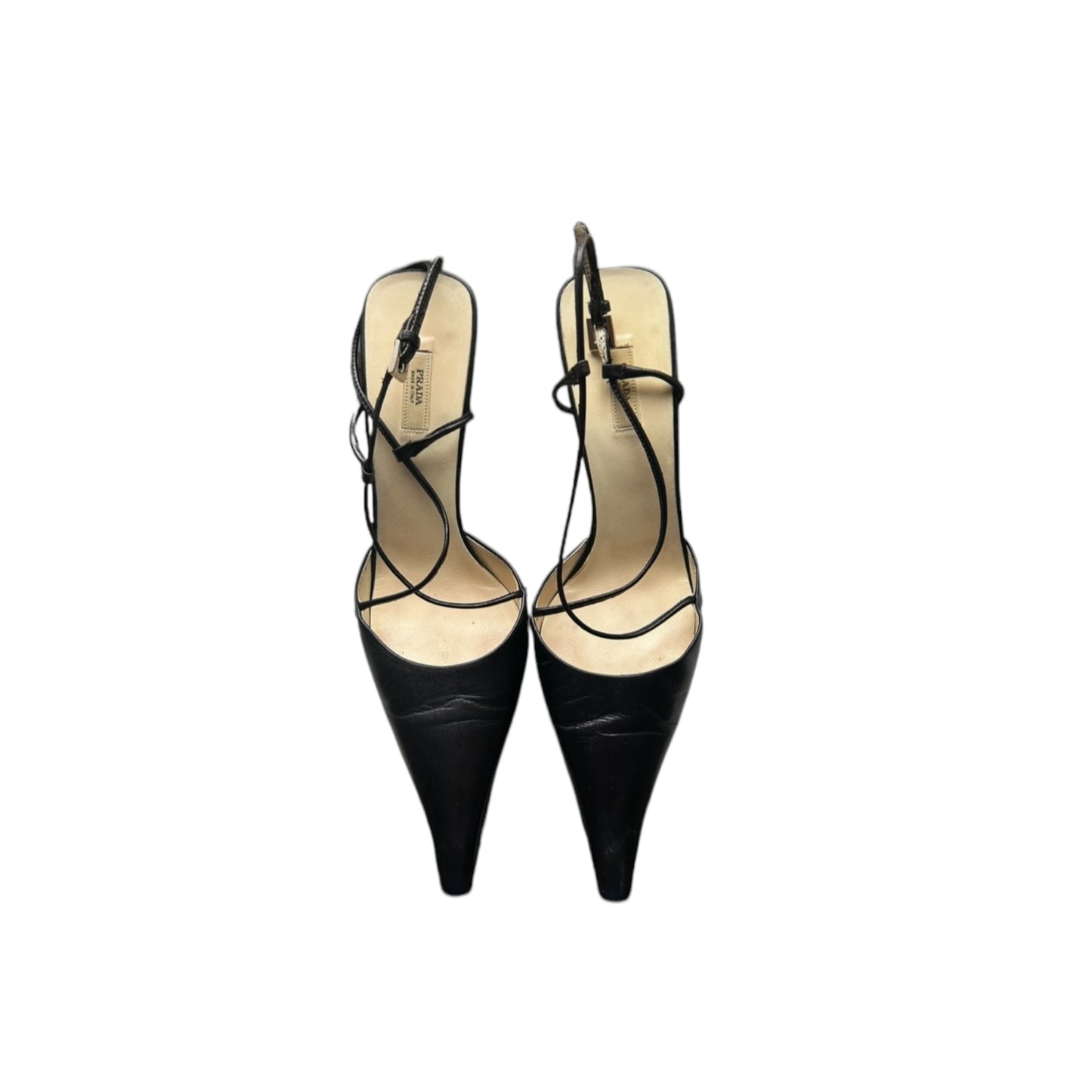 Vintage Prada black leather pointy toe heels as seen on CBK / 37.5