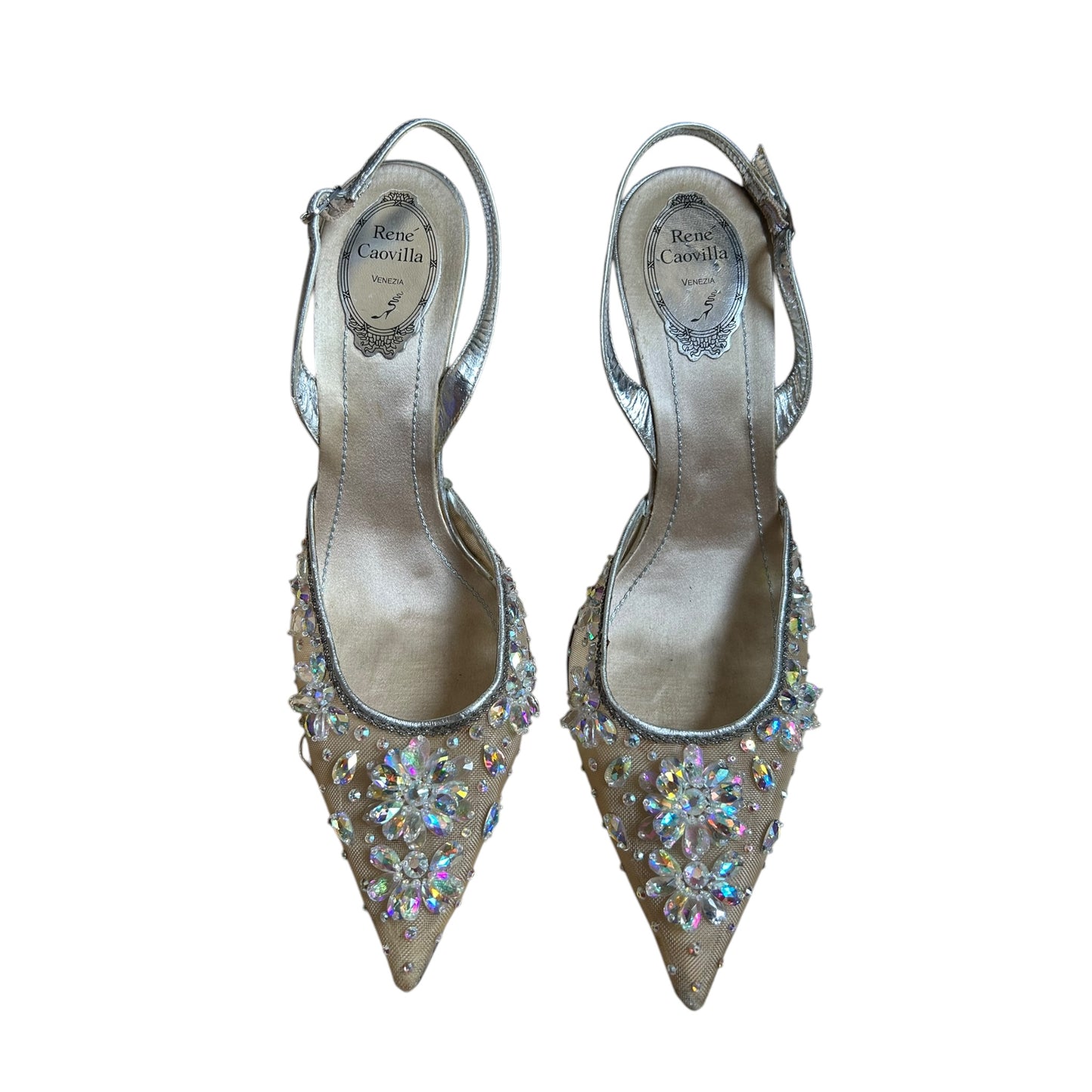 Vintage Renè Caovilla crystal silver sling back heels / 41