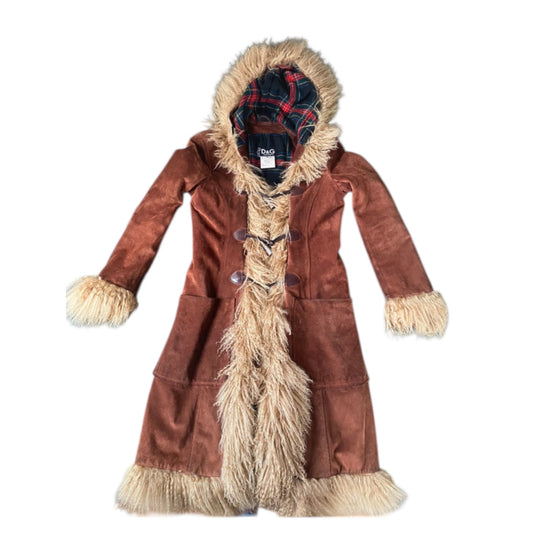 Vintage Dolce&Gabbana brown leather afghan fur coat worn by Bella Hadid