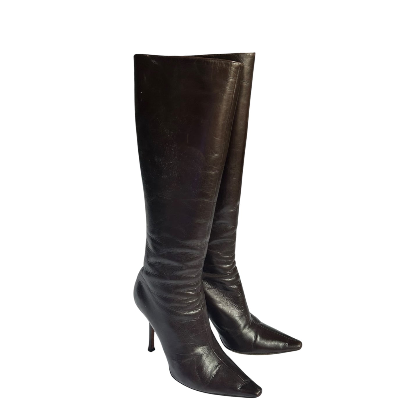 Vintage Jimmy Choo chocolate peony brown knee high boots as seen on Jennifer Aniston / 39