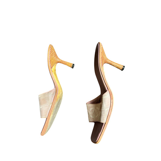 Vintage Chanel pink cloth travel line mule heels / 38