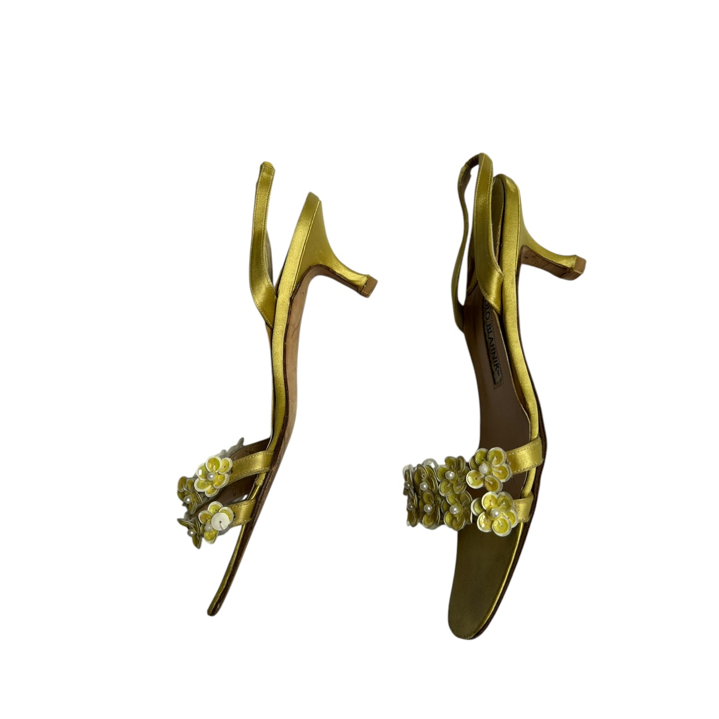 Vintage Manolo Blahnik satin lime floral slingback heels / 37.5