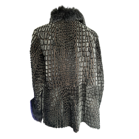 Vintage Shearling Leather Jacket with Fur Collar – Embossed Croc Pattern Lambskin Coat