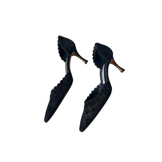 Vintage Manolo Blahnik laser cut suede navy heels / 36.5