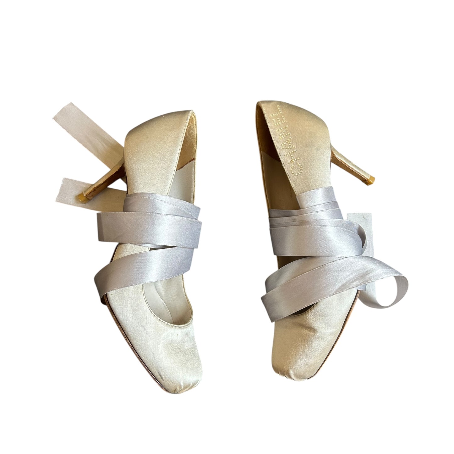 Vintage Chanel 90s satin silver wrap around ballet heels as seen on SATC/ 37.5