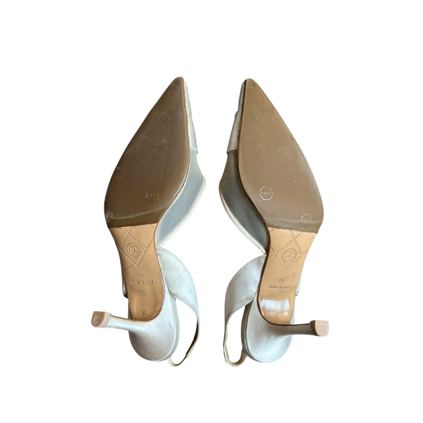 Vintage Chanel satin slingback heels by Karl Lagerfeld/ 39