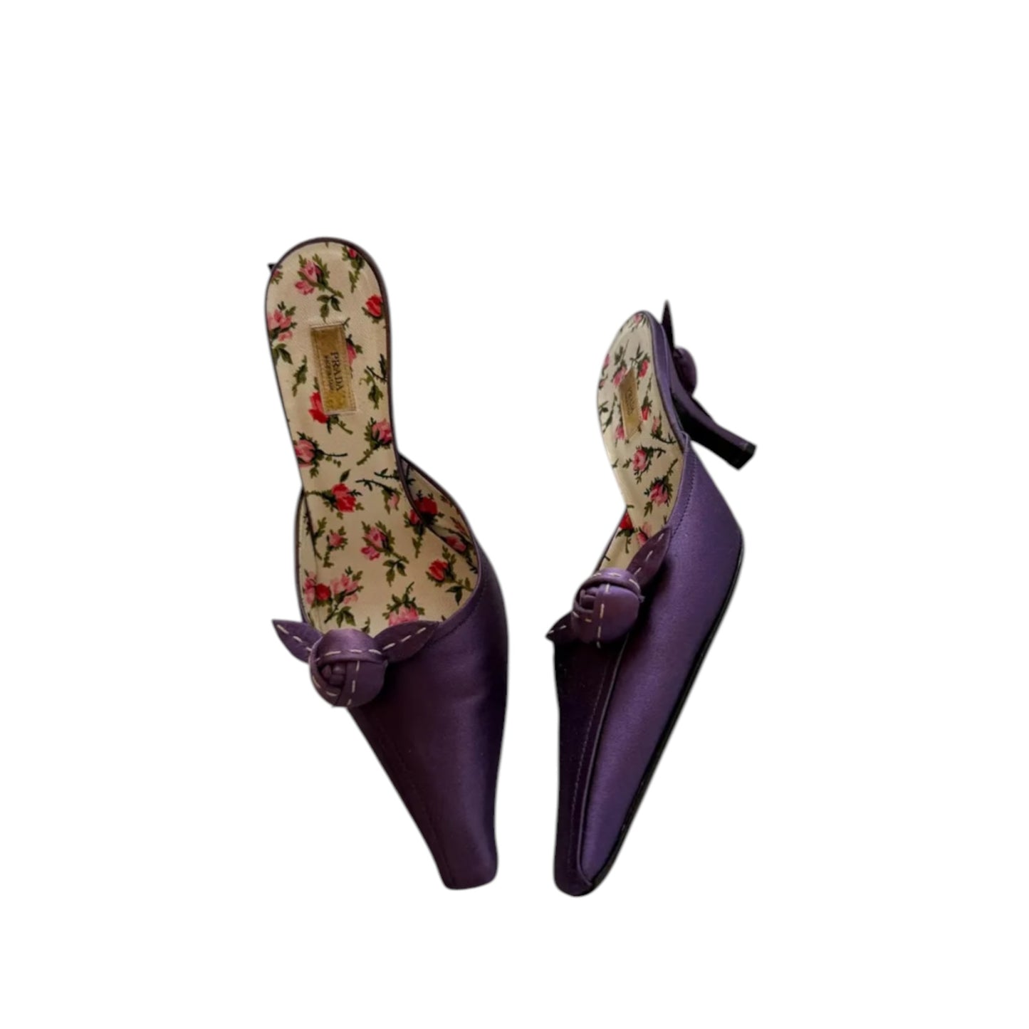 Vintage Prada 2000s Purple Satin Rose Print Mule Heels / 36