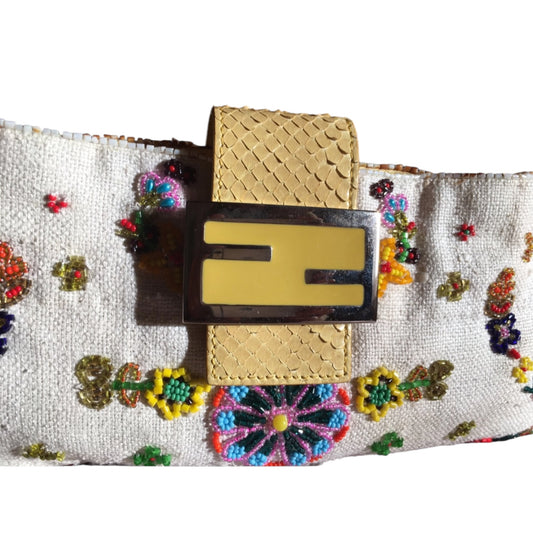 Fendi Baguette Floral Beaded Bag – Vintage Linen & Python Leather FF Logo Shoulder Bag