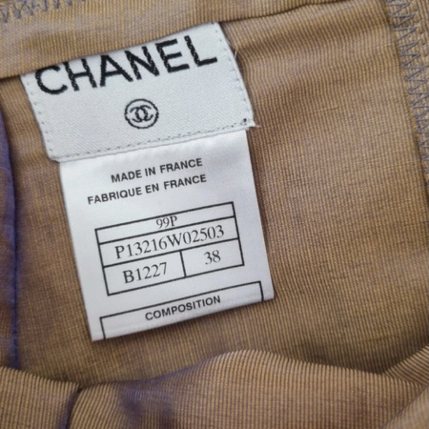 Vintage Chanel 1999 fringed beige gold skirt suit and blazer set with olive satin lining