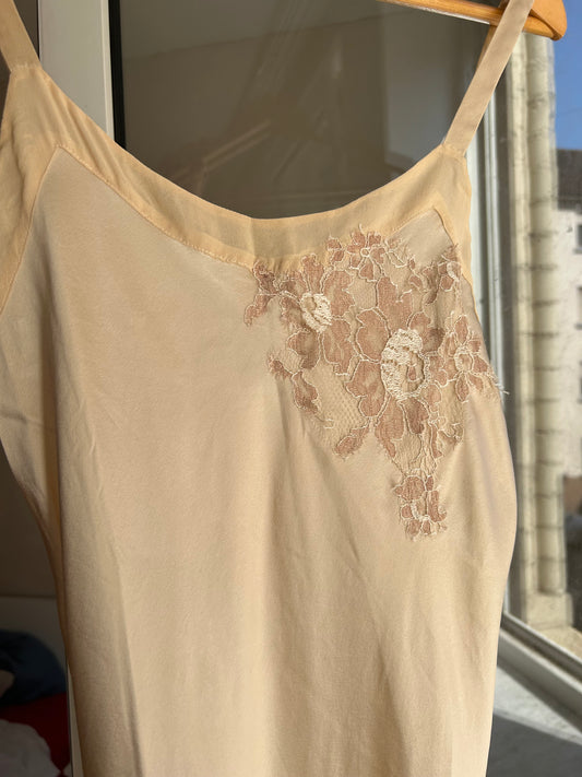 Vintage pure silk butter yellow mini slip dress with floral lace embroidery/ S