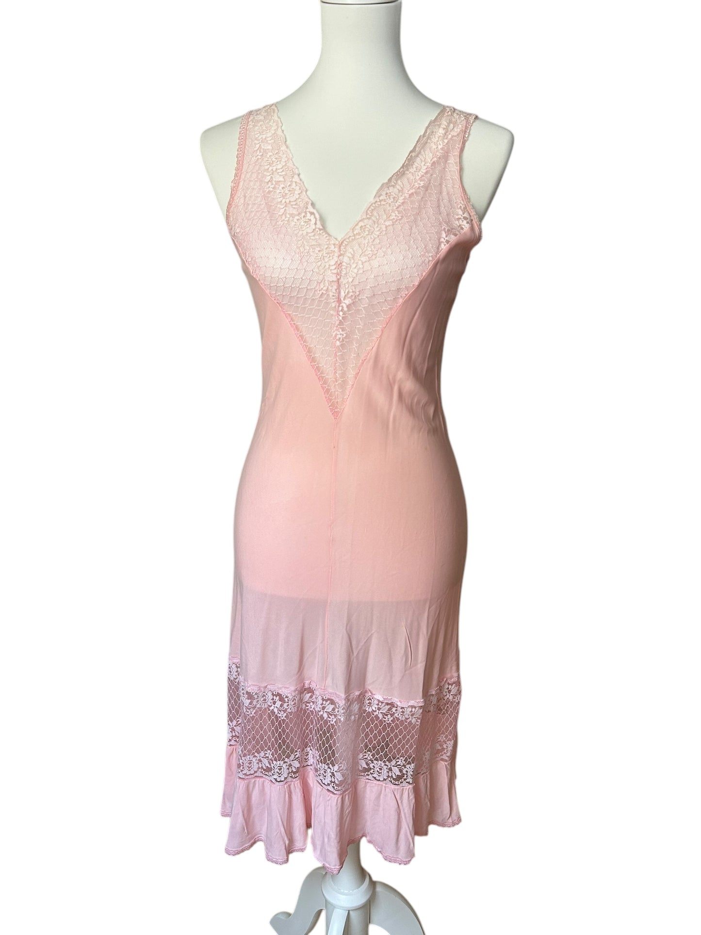 Vintage pink lace slip midi dress / S