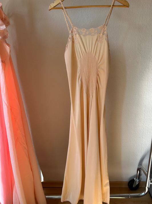 Vintage butter maxi slip dress with lace floral details/ L