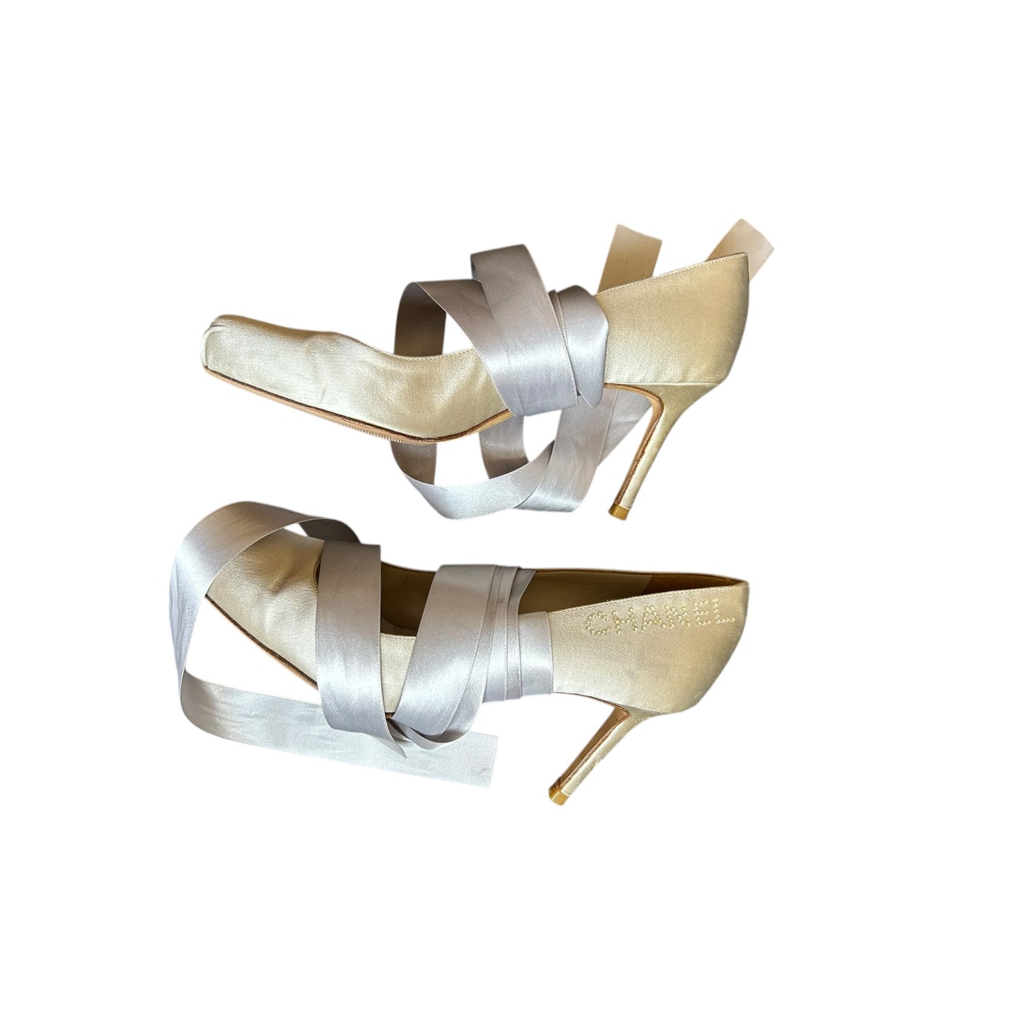 Vintage Chanel 90s satin silver wrap around ballet heels as seen on SATC/ 37.5
