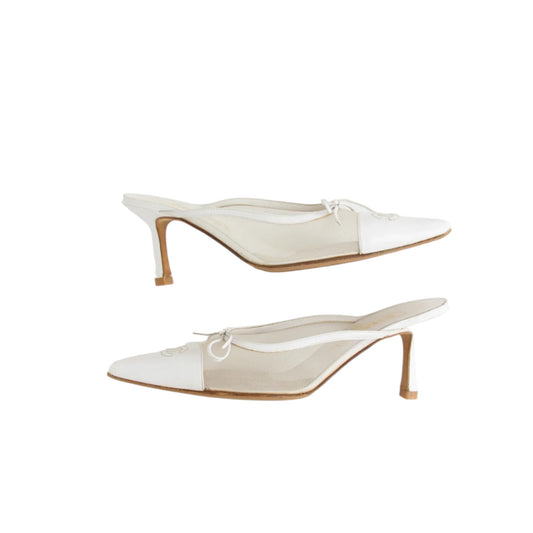 Vintage Chanel mesh CC logo white bridal mule heels / 37.5