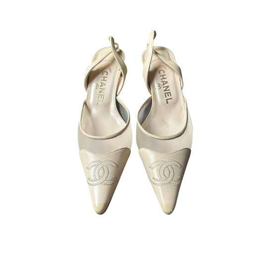 Vintage Chanel CC interlocking logo mesh ivory slingback heels by Karl Lagerfeld/ 36.5