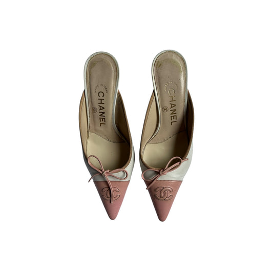 Vintage Chanel CC interlocking logo pink white mules by Karl Lagerfeld/ 35