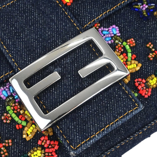 Fendi Baguette Denim Floral Beaded Bag – Vintage Embroidered FF Logo Shoulder Bag