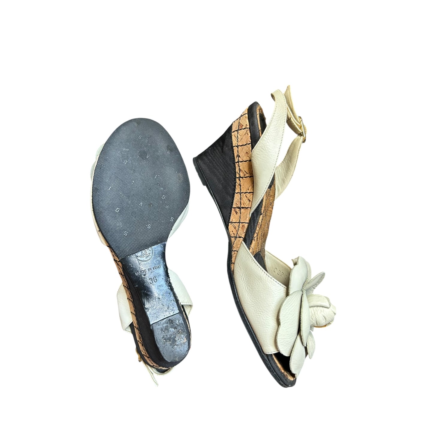 Vintage Chanel white camellia floral wedges by Karl Lagerfeld/ 36