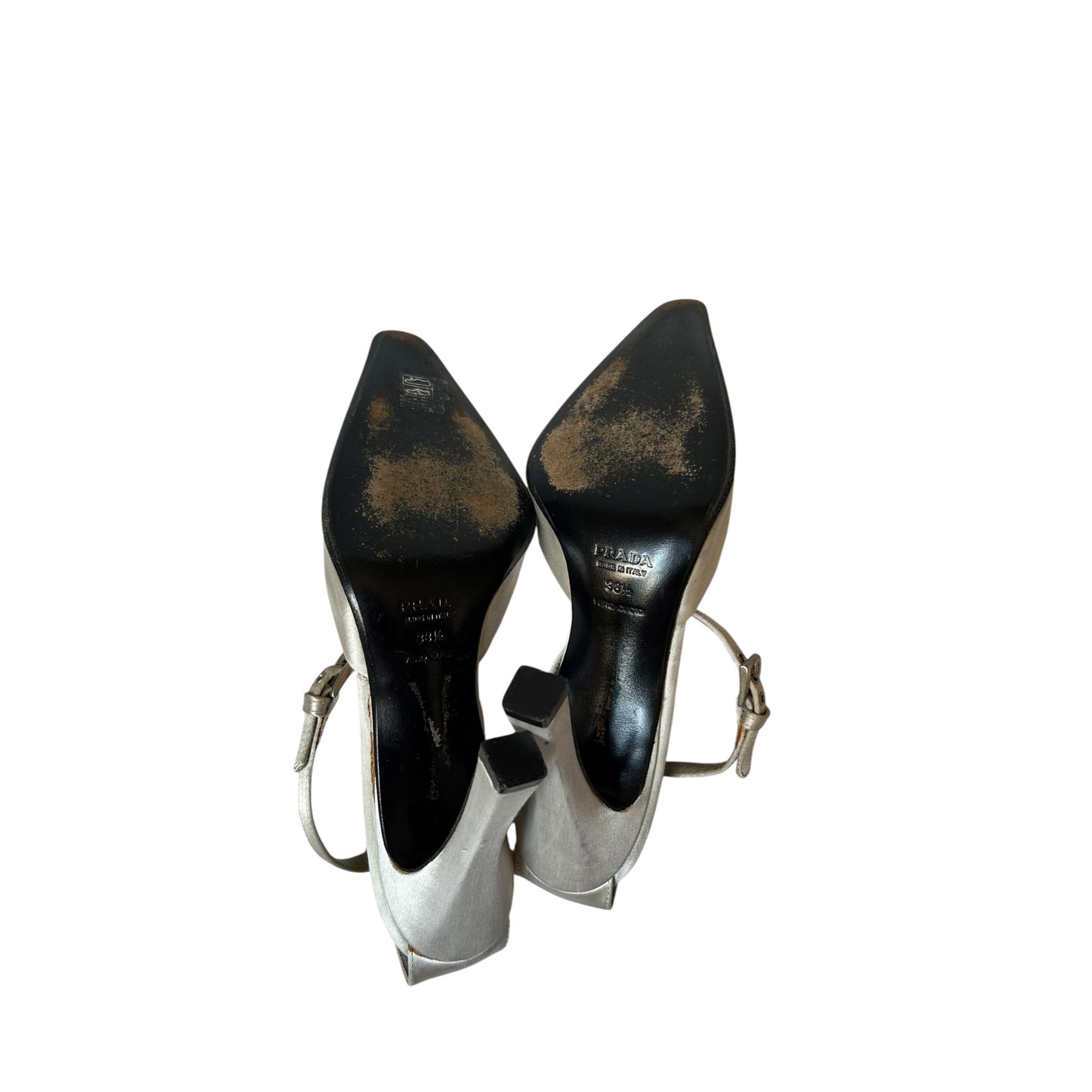 Vintage Prada silver satin heels / 38.5