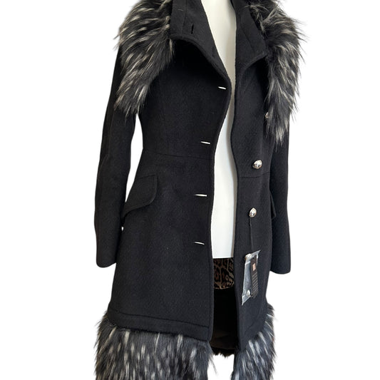 Roberto Cavalli wool black fur trim coat NWT