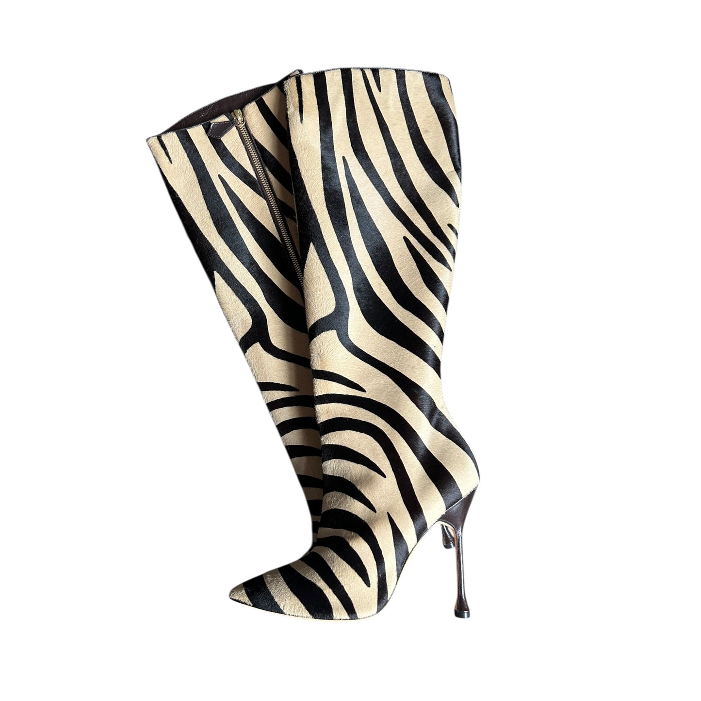 Vintage Manolo Blahnik pony hair zebra print knee high boots/ 38.5