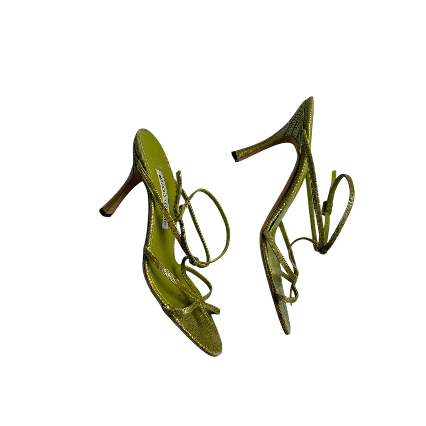 Vintage Manolo Blahnik green lizard skin strap sandal heels / 38