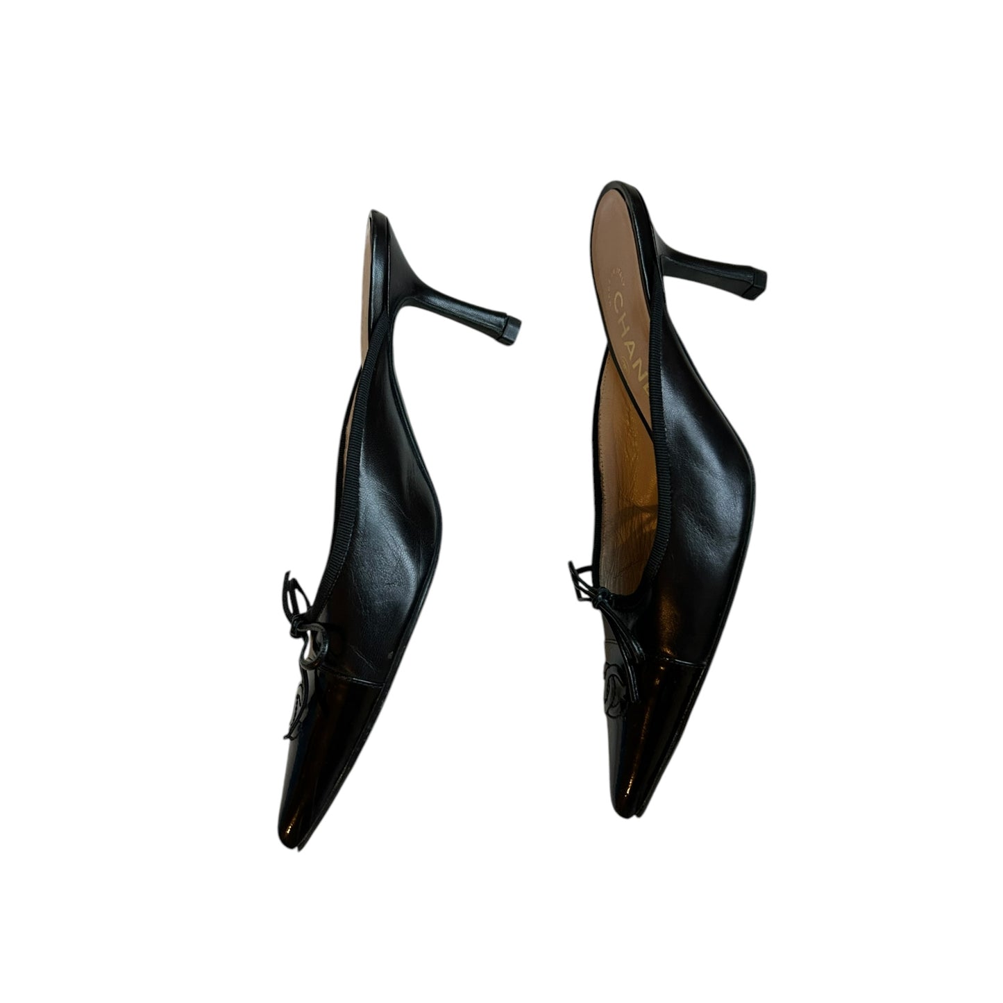 Vintage Chanel CC interlocking logo black leather mule heels by Karl Lagerfeld/ 36