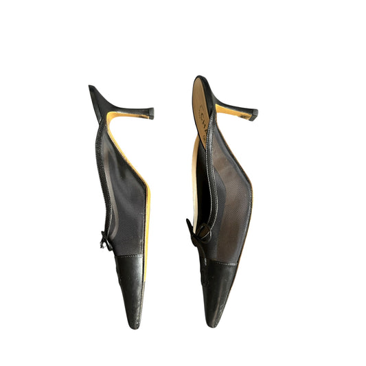 Vintage Chanel CC interlocking logo black leather mesh mule heels / 40