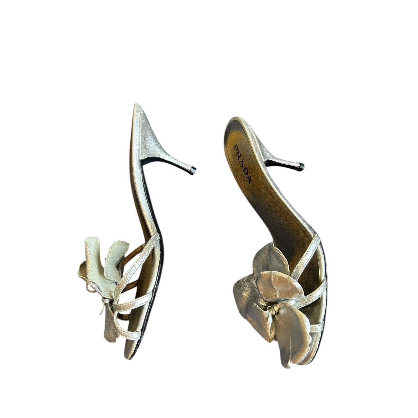 Vintage rare Prada floral appliqué silver mule heels/ 37