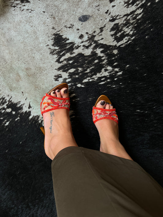 Vintage Rene Caovilla mesh red beaded mule heels / 36