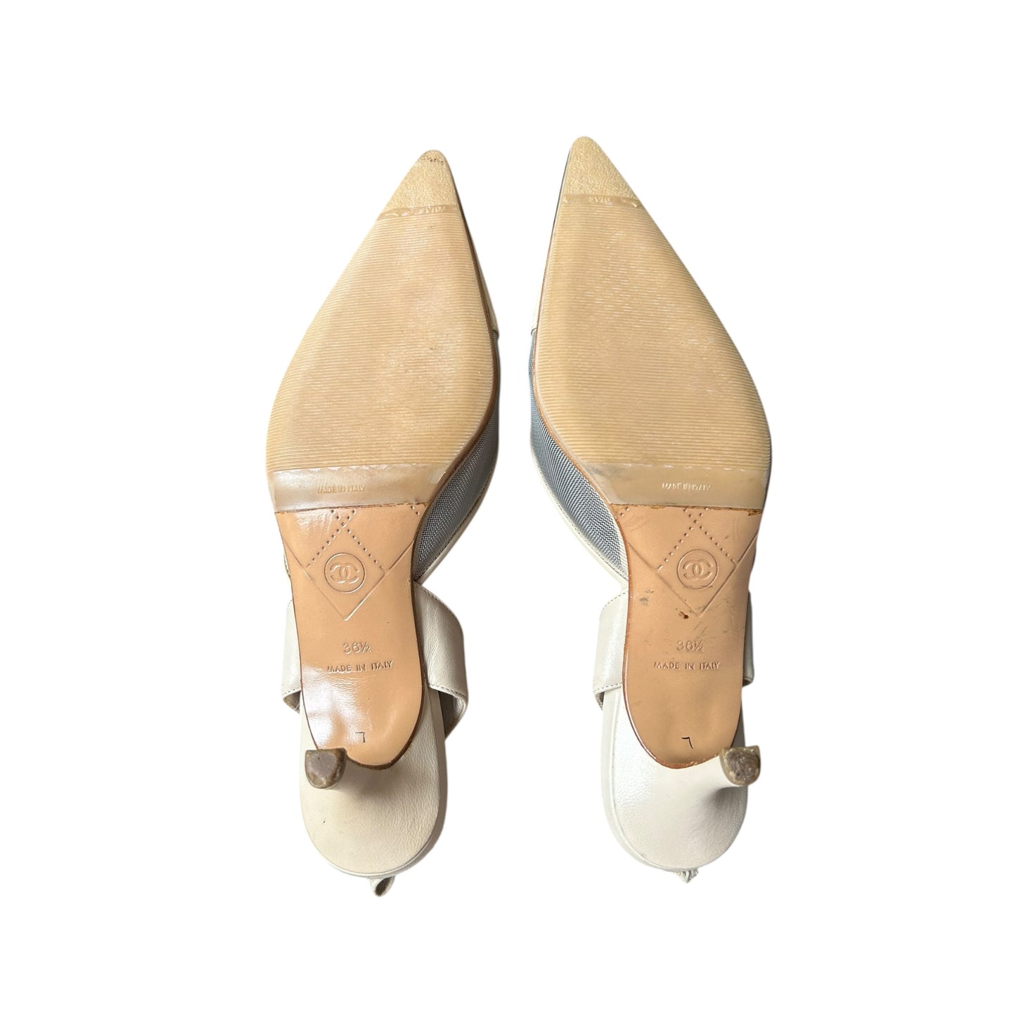 Vintage Chanel CC interlocking logo mesh ivory slingback heels by Karl Lagerfeld/ 36.5