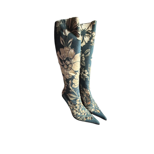 Vintage Roberto Cavalli S/ S 2002 Floral Laser-Cut Denim Leopard Boots 41