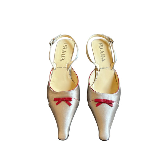 Vintage Prada satin bow tie slingback kitten heels/ 35