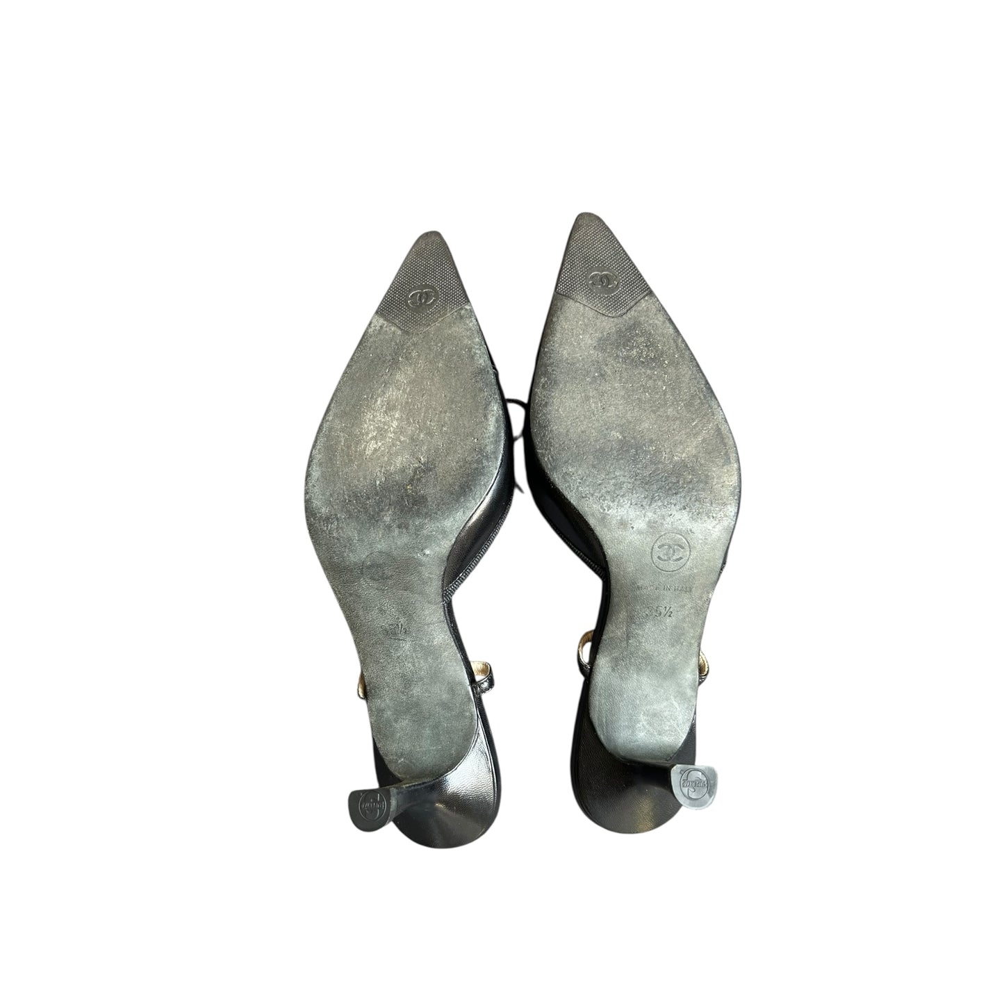 Vintage Chanel CC logo black leather slingback heels by Karl Lagerfeld/ 35.5
