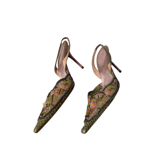 Vintage rare Renè Caovilla multicolored floral lizard skin embroidered slingback heels / 37