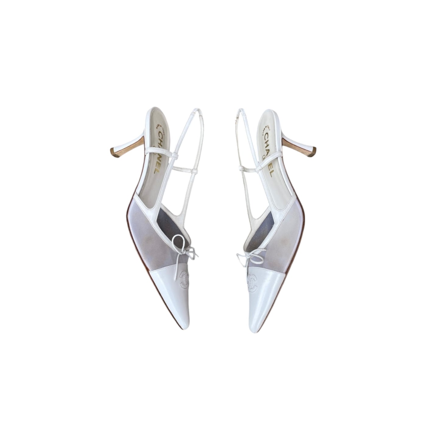 Chanel “CC” White Bow Mesh Slingback Heels/ 38.5