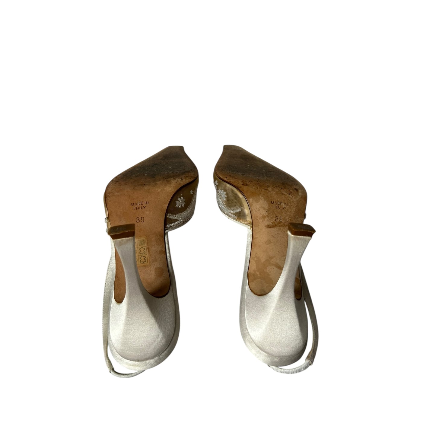 Vintage Rene Caovilla satin white & beige embedded slingback heels / 39