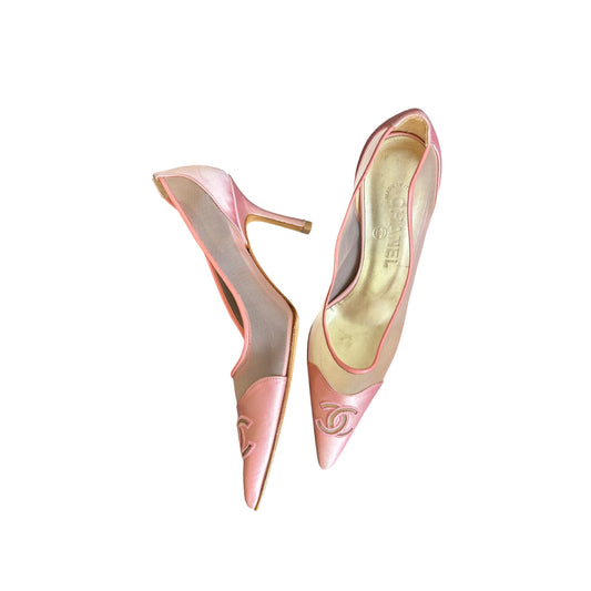 Vintage Rare Chanel CC interlocking logo mesh satin pink heels / 38