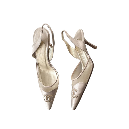 Vintage Chanel satin pearl CC logo slingback heels by Karl Lagerfeld/ 36
