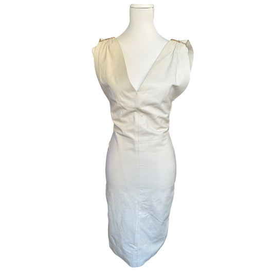 Gianni Versace Vintage 100% Leather Ivory Bodycon Dress with Gold Medusa Hardware NWT