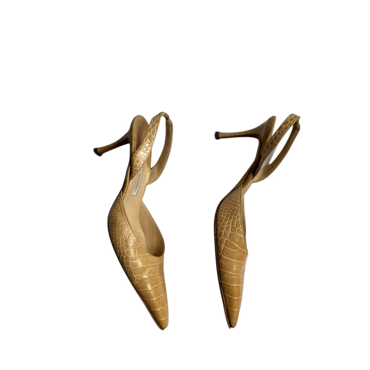 Vintage Manolo Blahnik croc leather nude slingback heels / 41.5