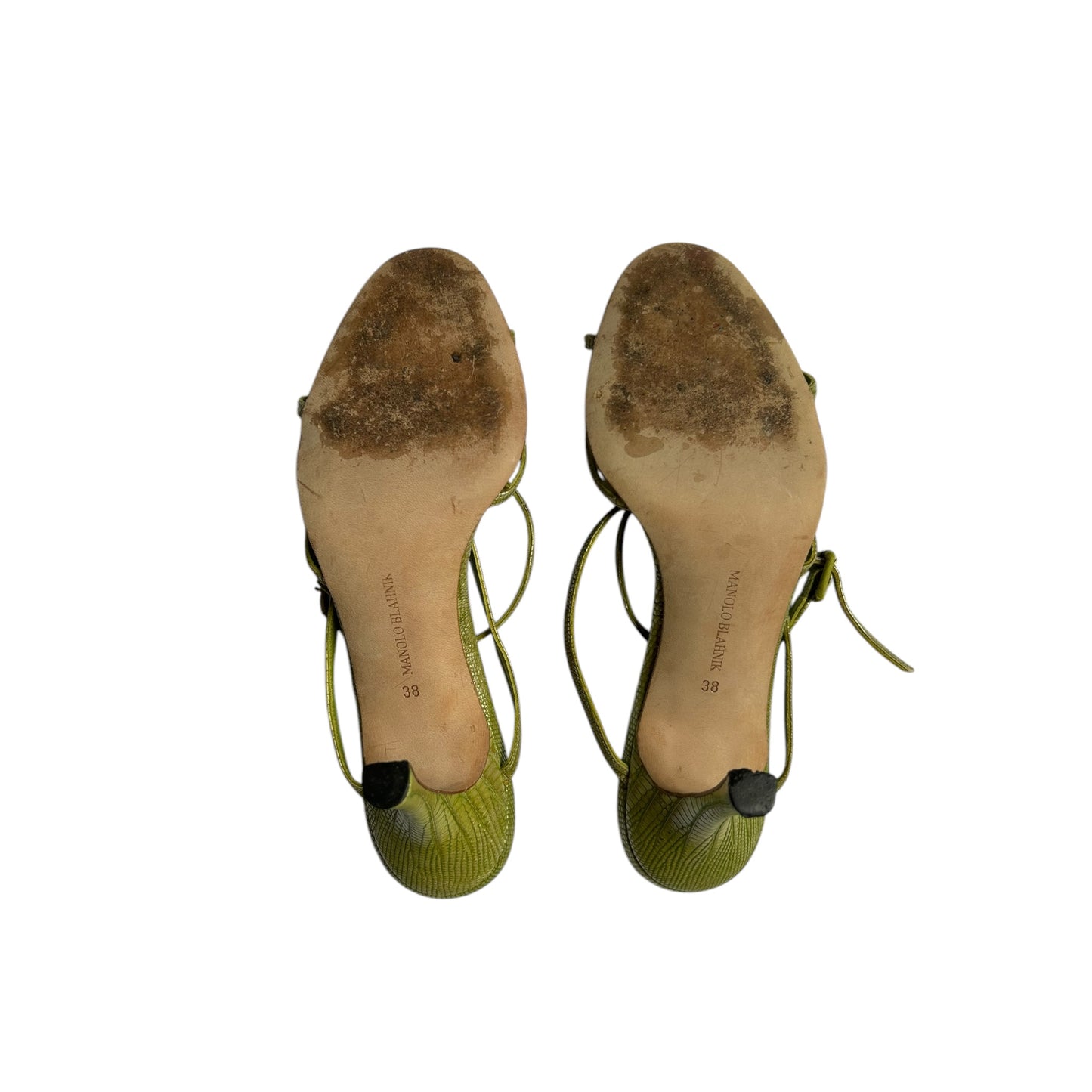 Vintage Manolo Blahnik green lizard skin strap sandal heels / 38