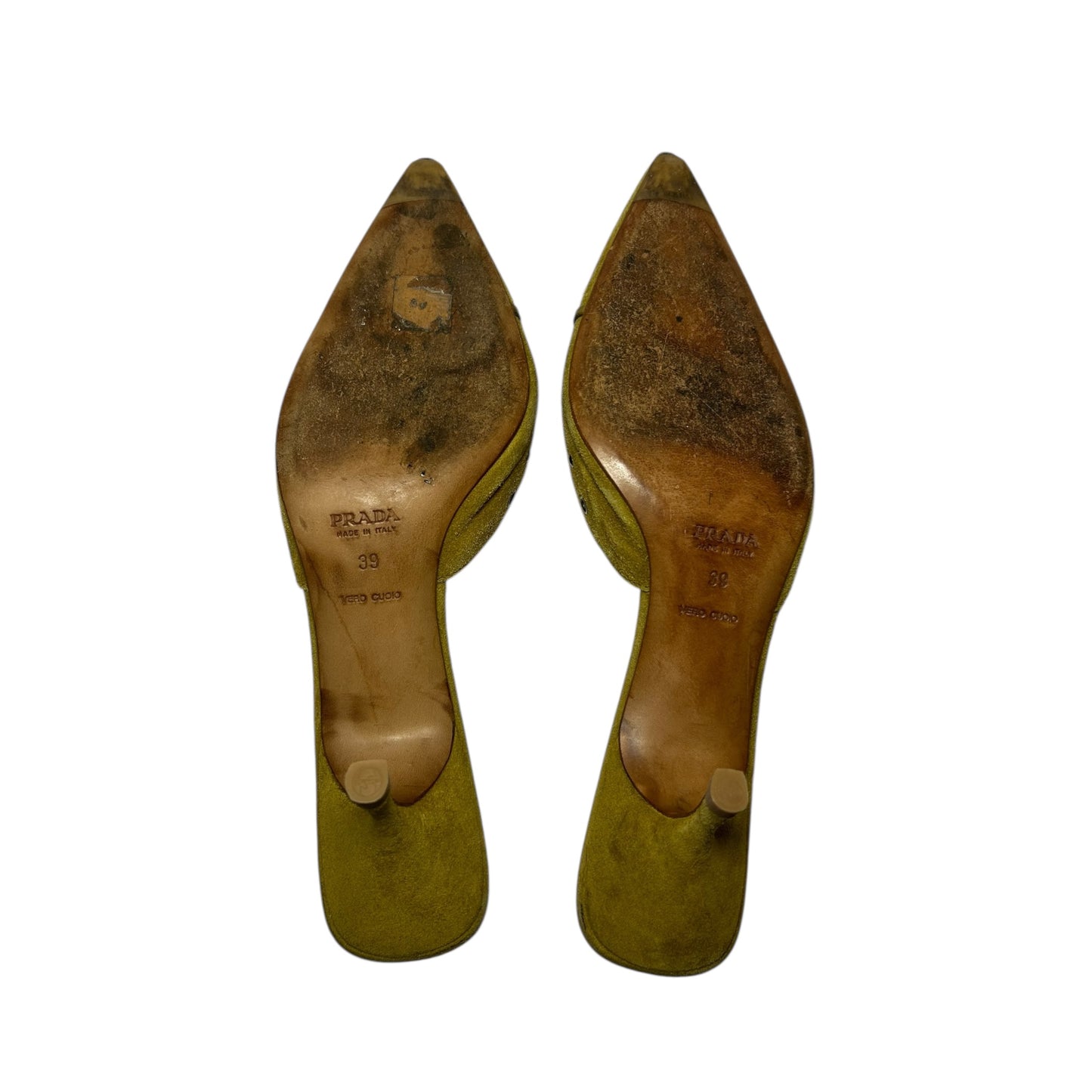 Vintage Prada lime eyelet mule heels / 39