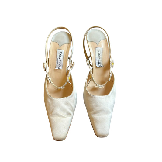 Vintage Jimmy Choo floral beads satin gray heels/ 40