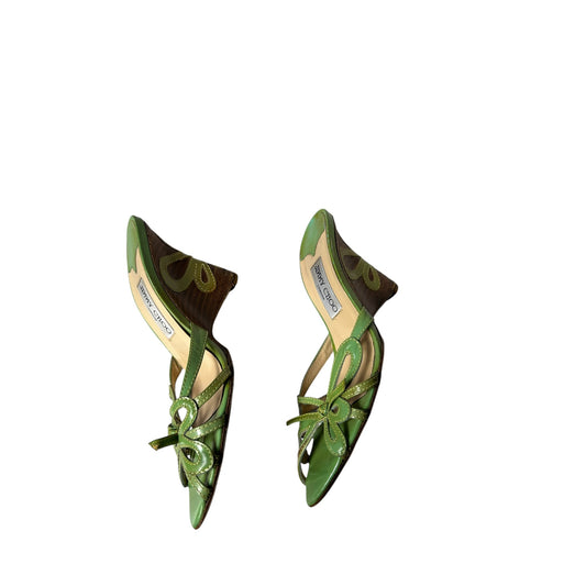 Vintage rare Jimmy Choo green leather floral wedges /38