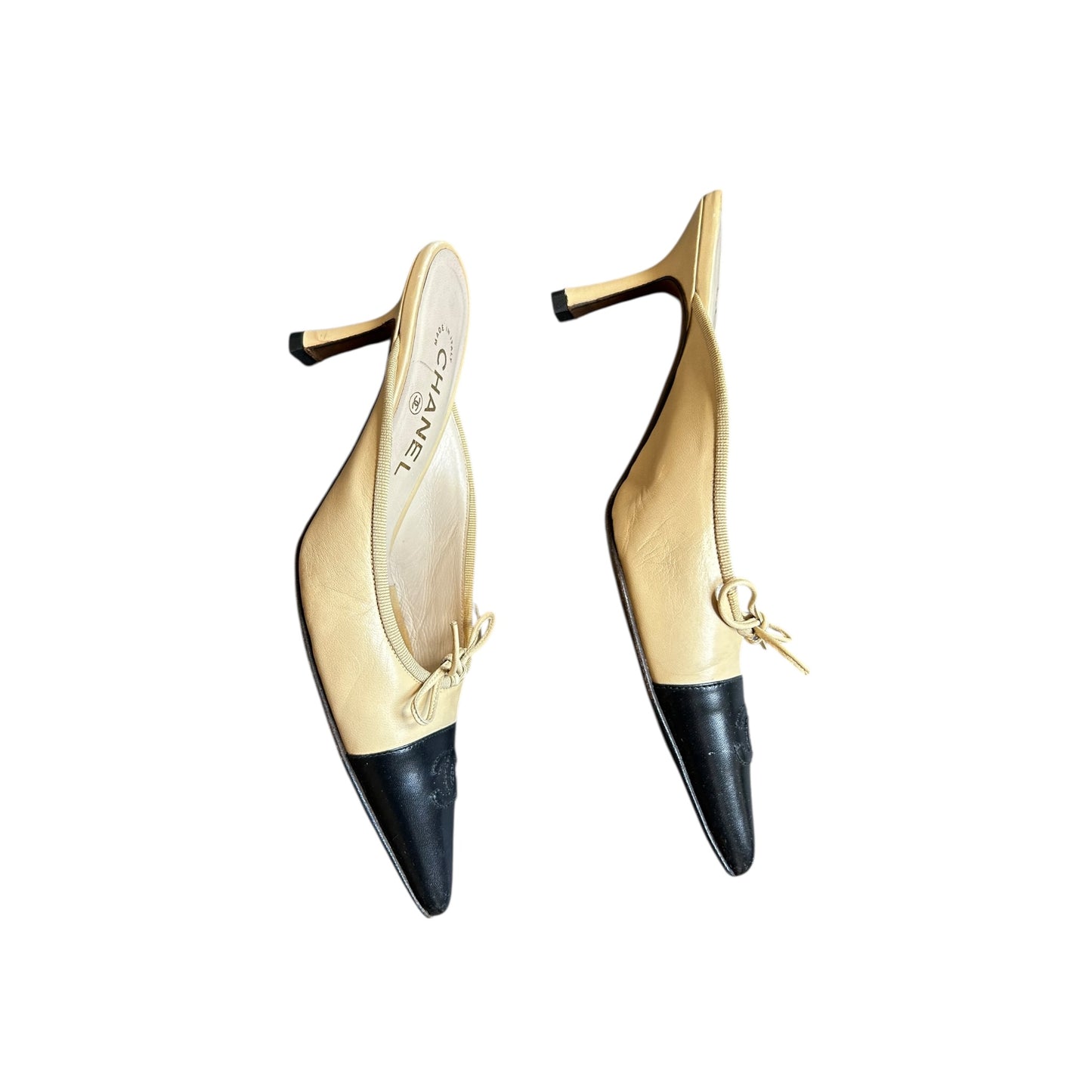 Vintage Chanel two tone CC logo mule heels by Karl Lagerfeld/ 37.5