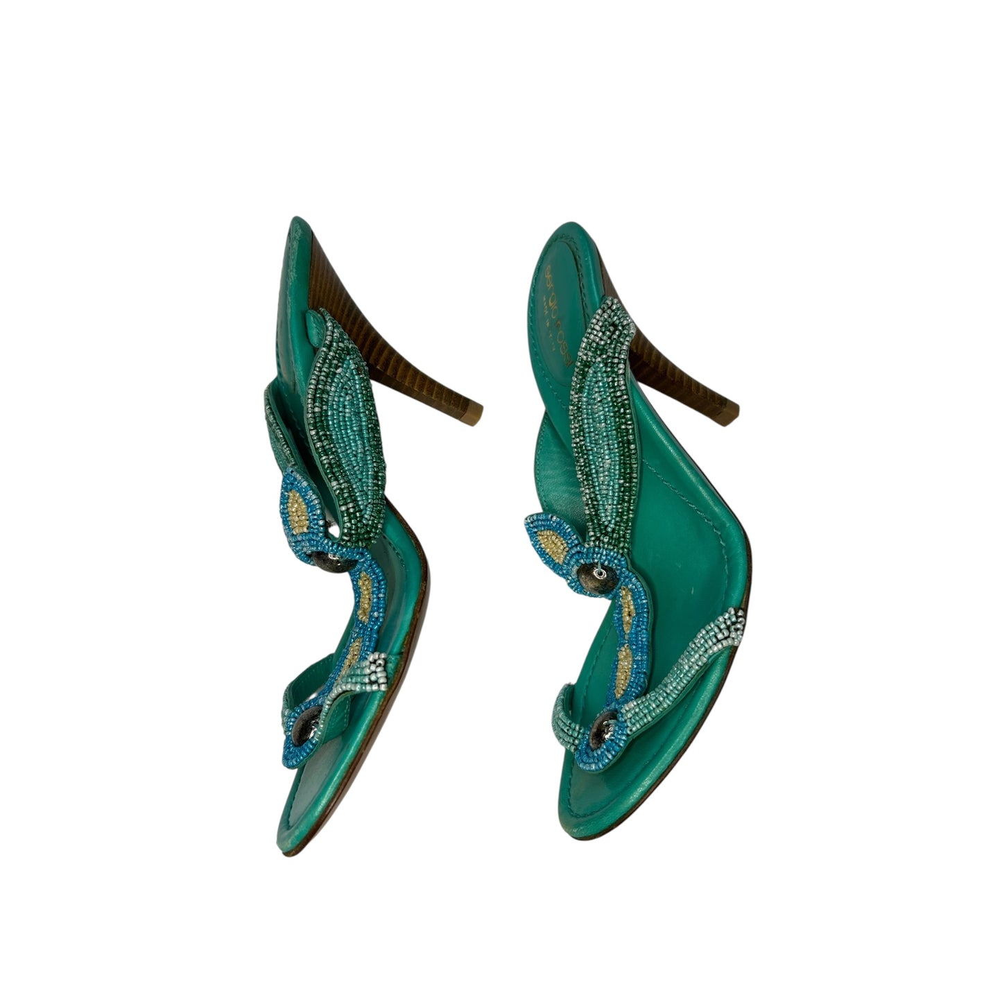 Vintage rare Sergio Rossi turquoise sequined mules / 37.5