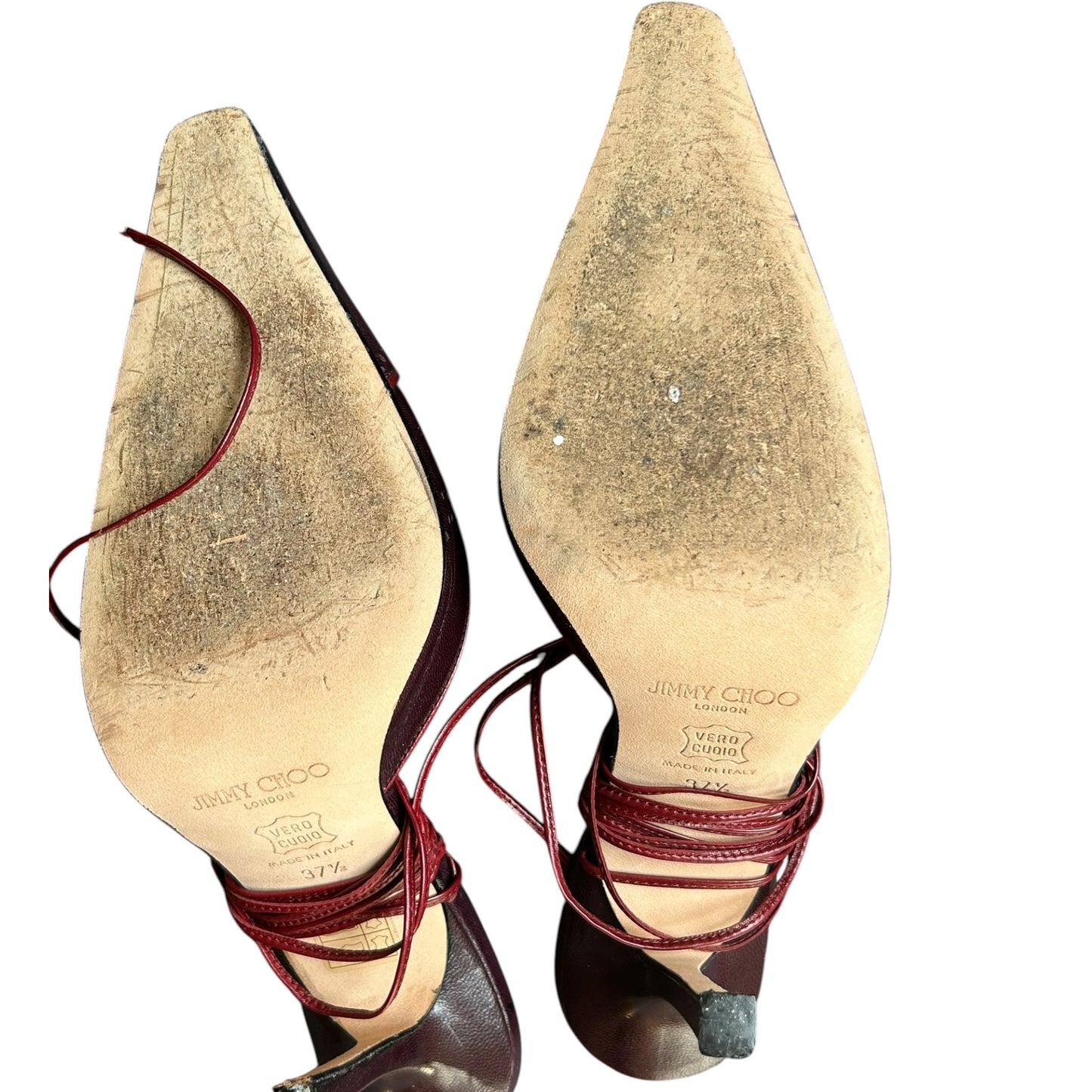 Vintage Jimmy Choo burgundy leather wrap around heels / 37.5