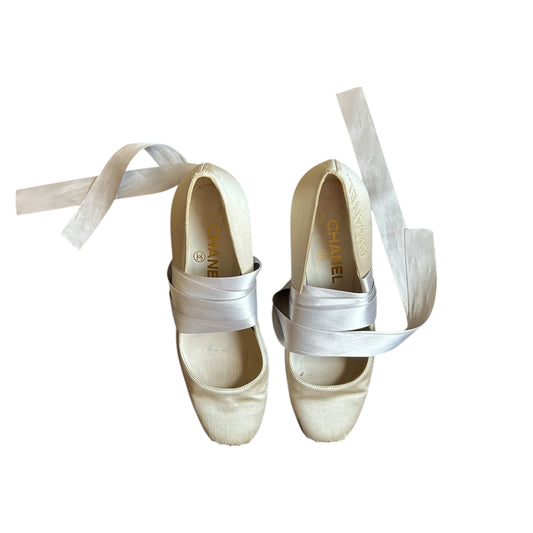 Vintage Chanel 90s satin silver wrap around ballet heels as seen on SATC/ 37.5