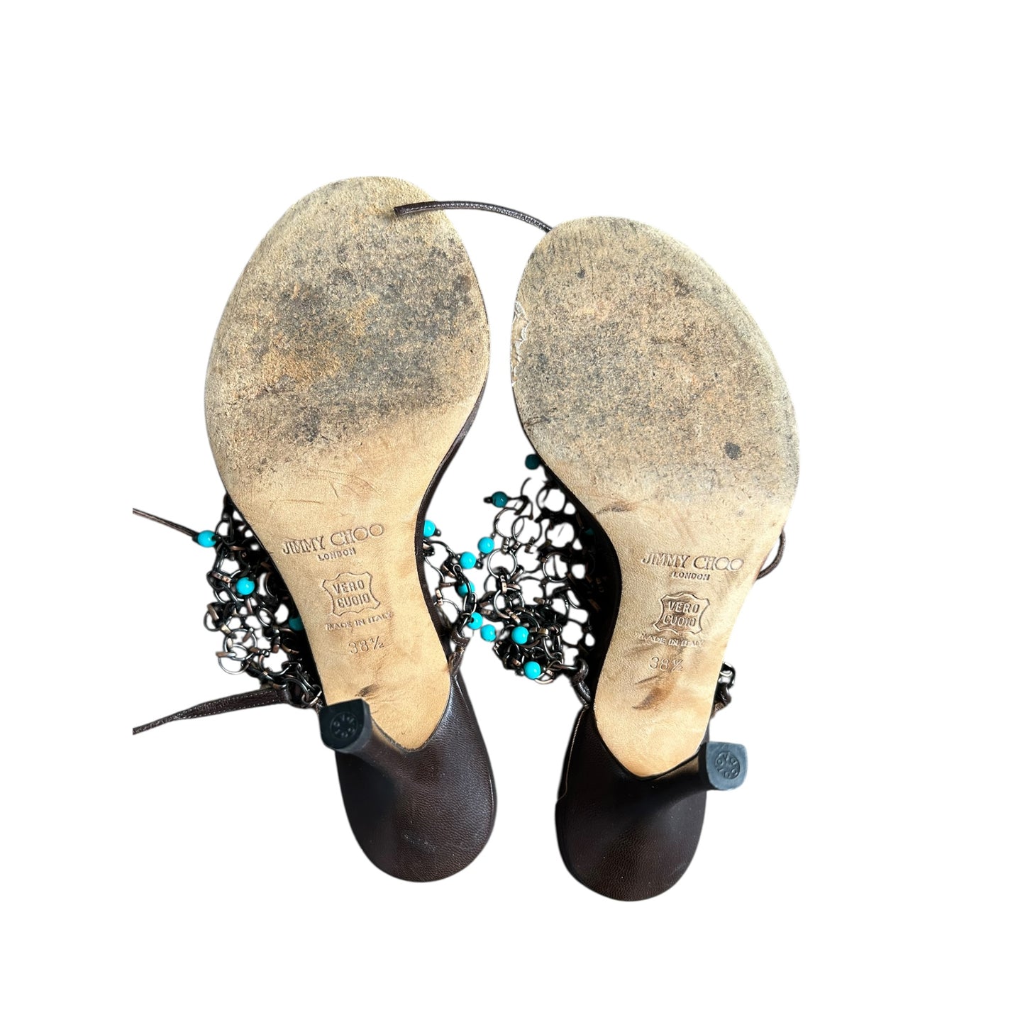 Vintage rare Jimmy Choo brown leather chain sandal heels / 38.5